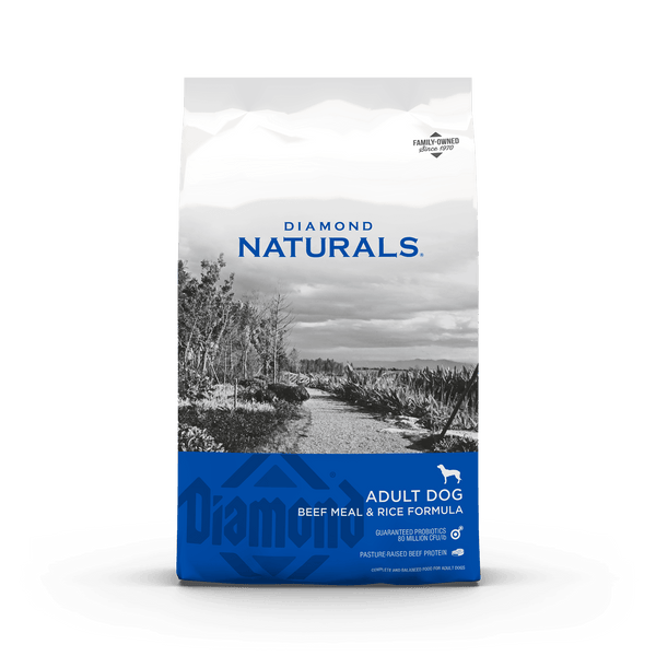 Dry dog food bag by The Family Pet, Diamond Naturals Adult Beef Meal & Rice formula, 40lb bag of nutritious dry dog food