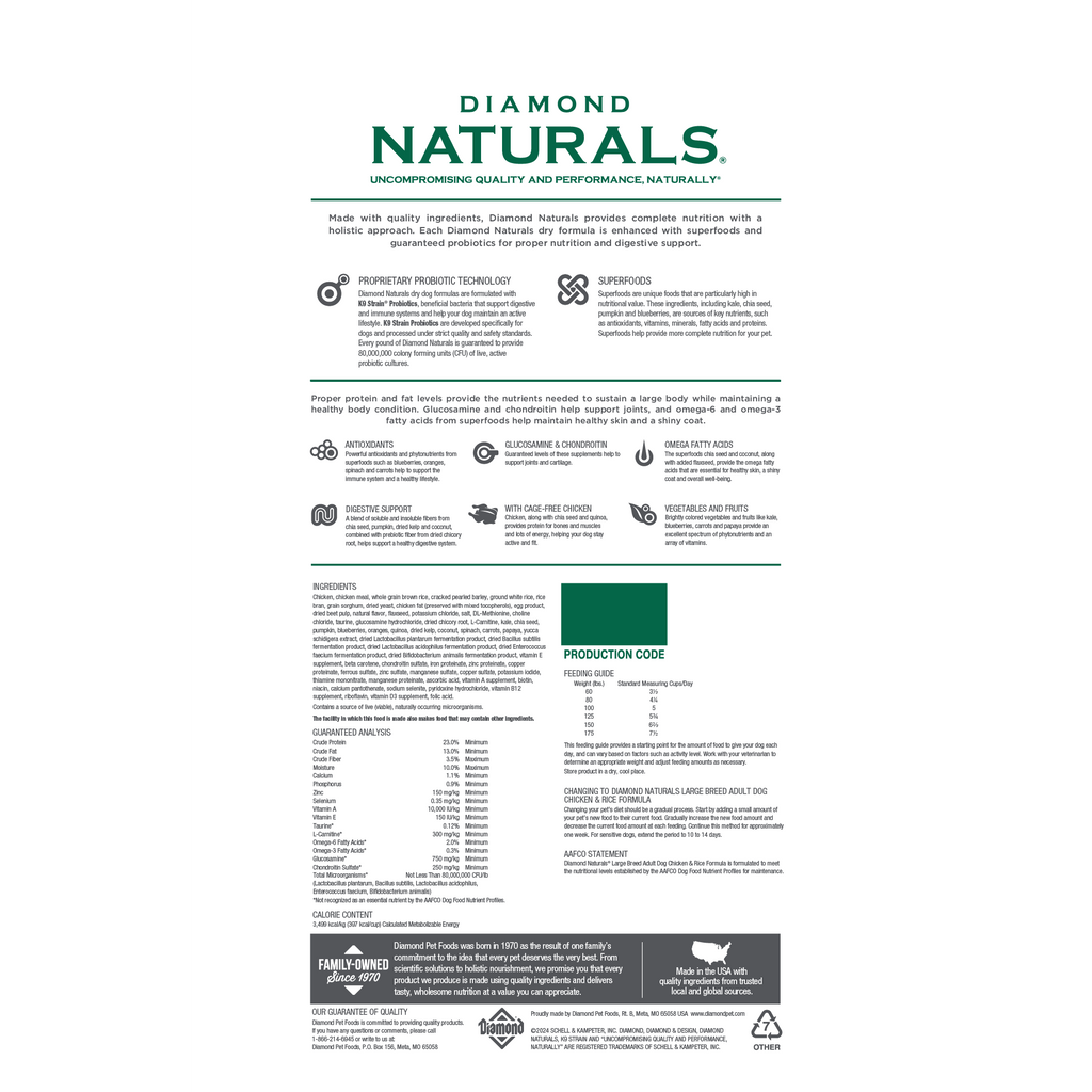 Dry dog food bag from Diamond Naturals, large breed chicken and rice formula, 40lb bag for adult dogs.