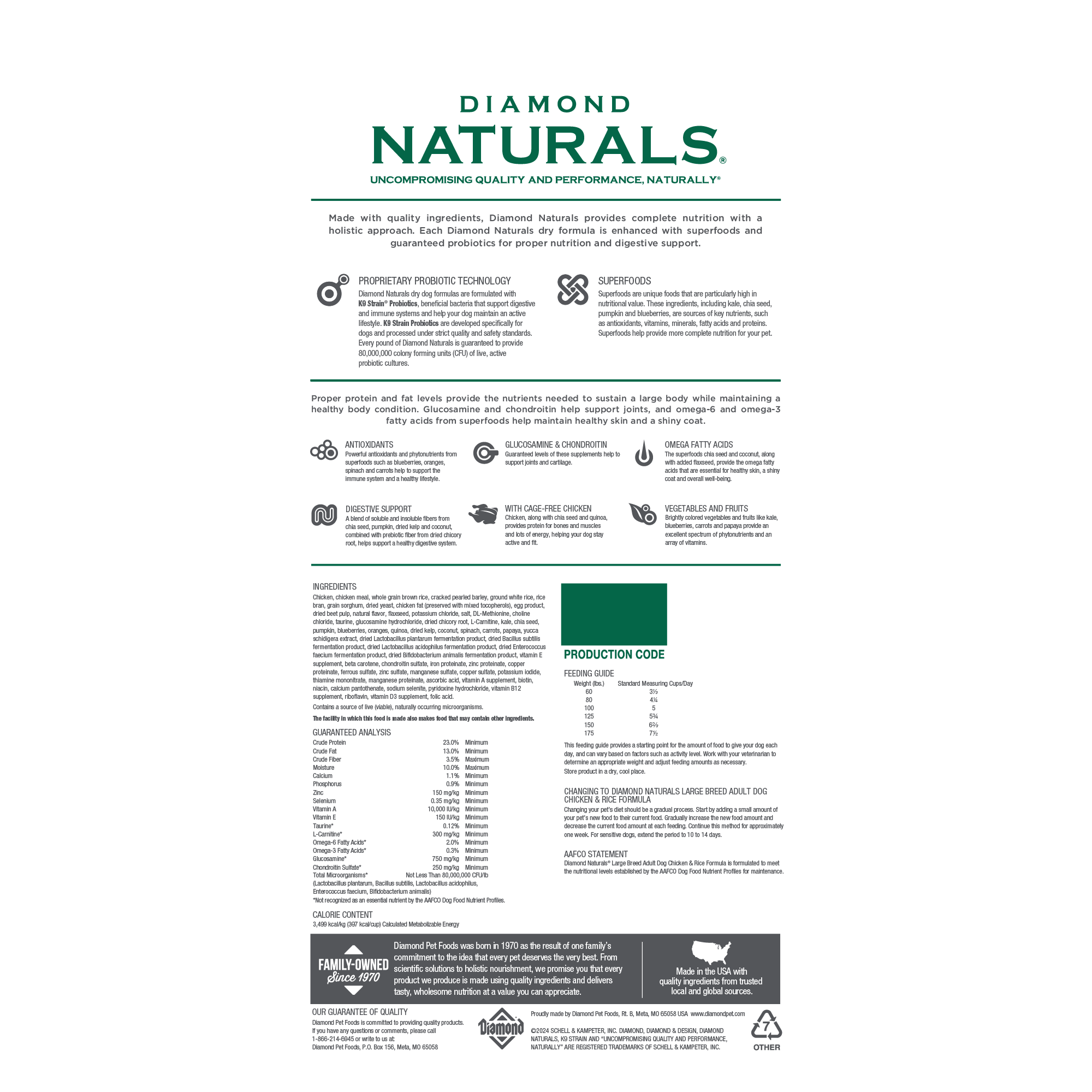 Dry dog food bag from Diamond Naturals, large breed chicken and rice formula, 40lb bag for adult dogs.