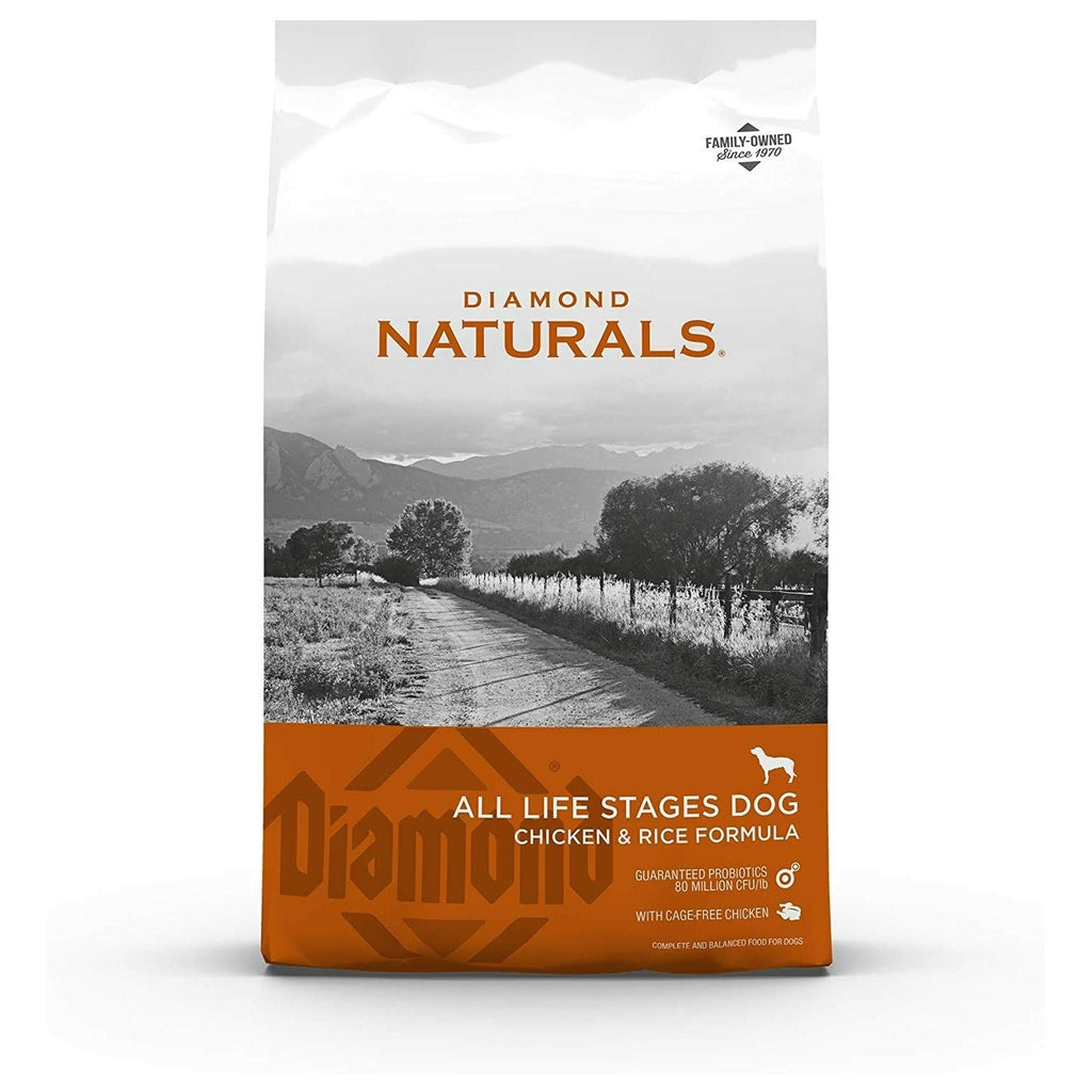 Diamond Naturals All Life Stages Chicken and Rice Dry Dog Food by The Family Pet, 40lb bag with kibble in a bowl.
