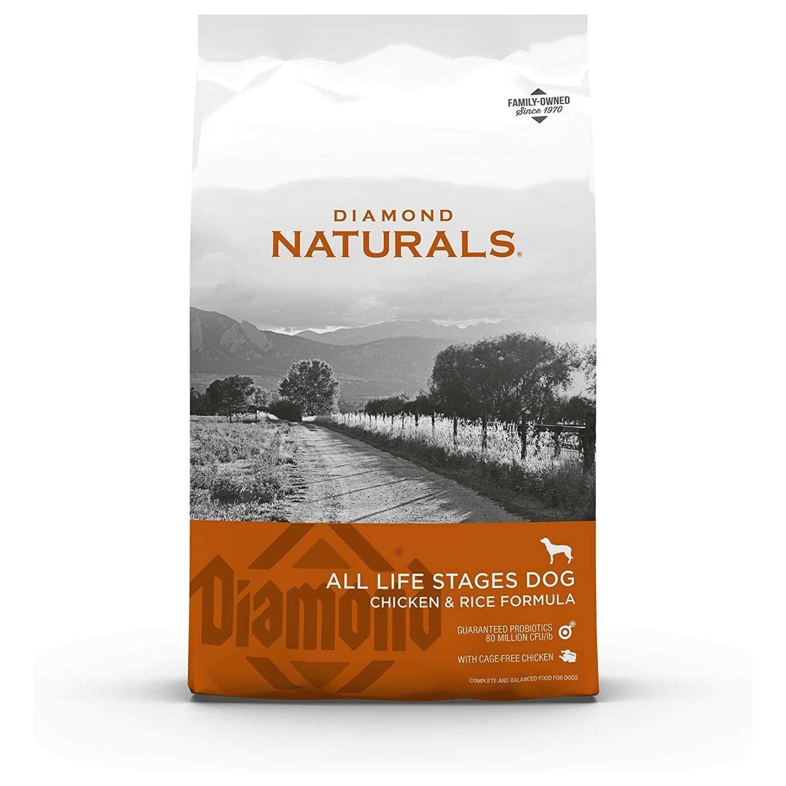 Diamond Naturals All Life Stages Chicken and Rice Dry Dog Food by The Family Pet, 40lb bag with kibble in a bowl.