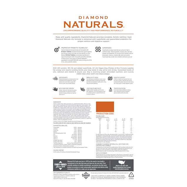 Diamond Naturals All Life Stages Chicken and Rice Dry Dog Food by The Family Pet, 40lb bag with kibble visible.