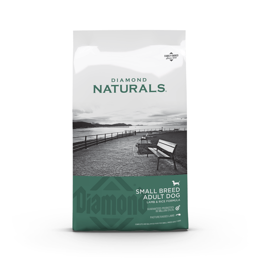 Small breed adult dog dry food by Diamond Naturals with lamb and rice, packaged in a 6lb bag, for healthy small dogs.