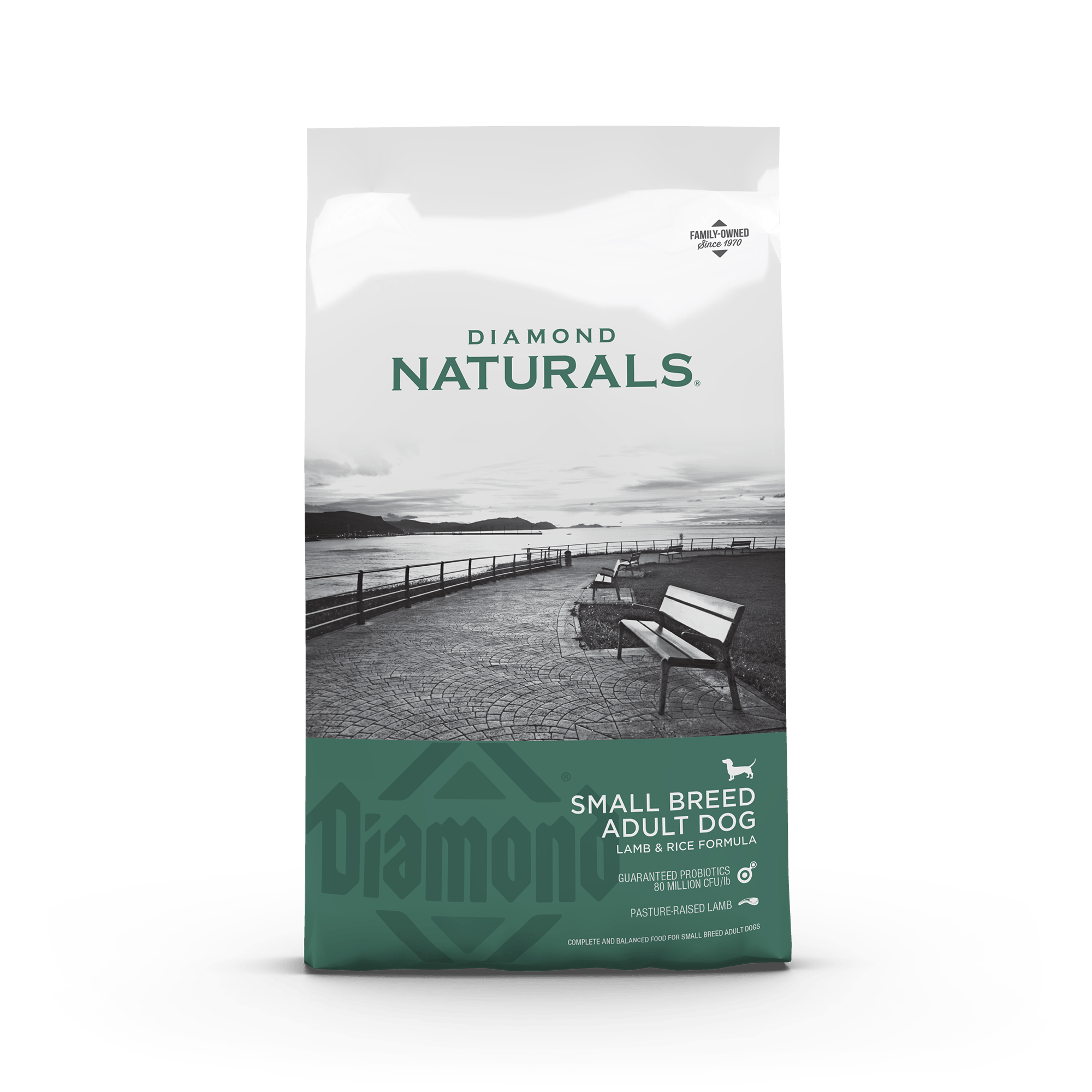 Small breed adult dog dry food by Diamond Naturals with lamb and rice, packaged in a 6lb bag, for healthy small dogs.
