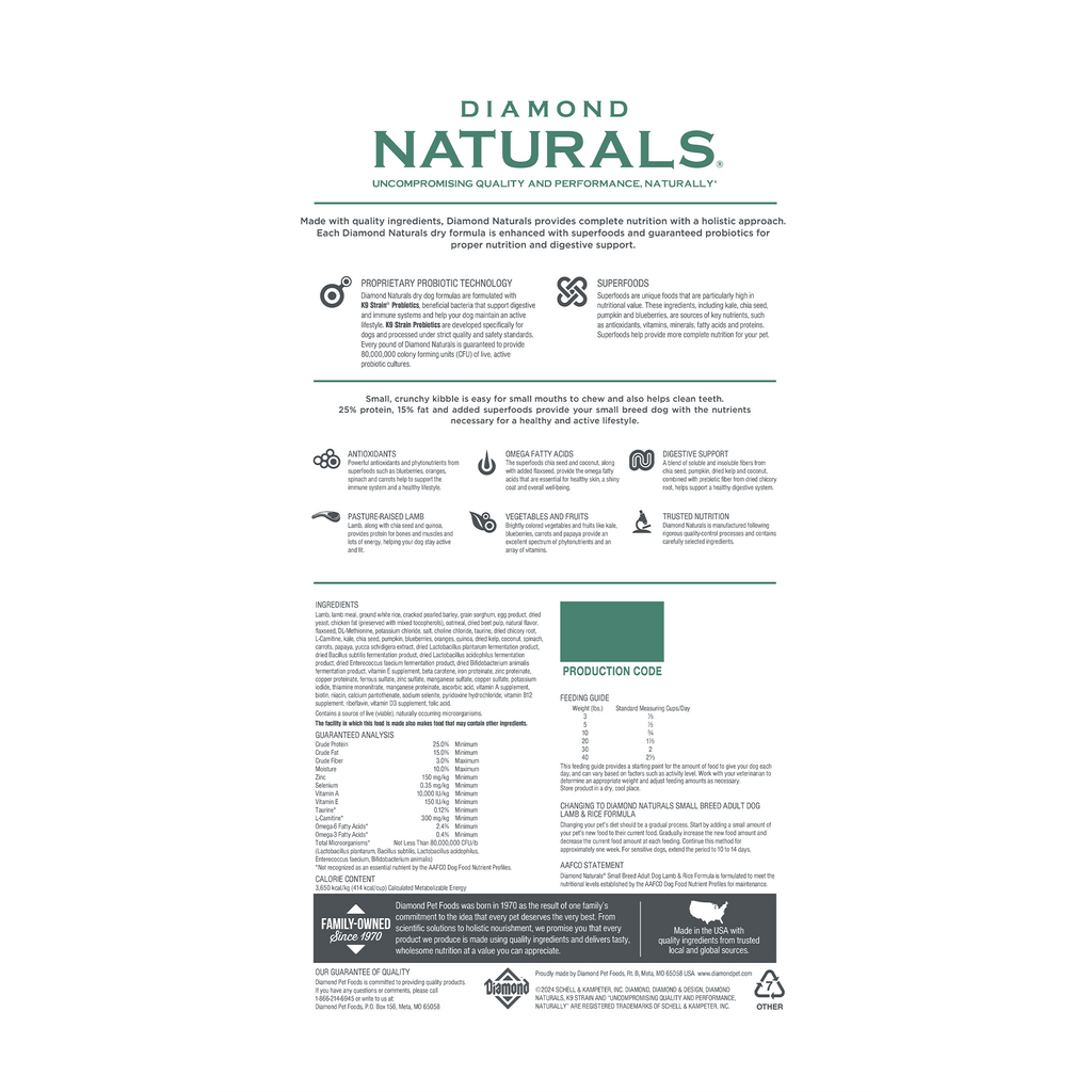 Diamond Naturals Small Breed Adult Dog Food with Lamb and Rice in a 6lb bag, ideal for small adult dogs.