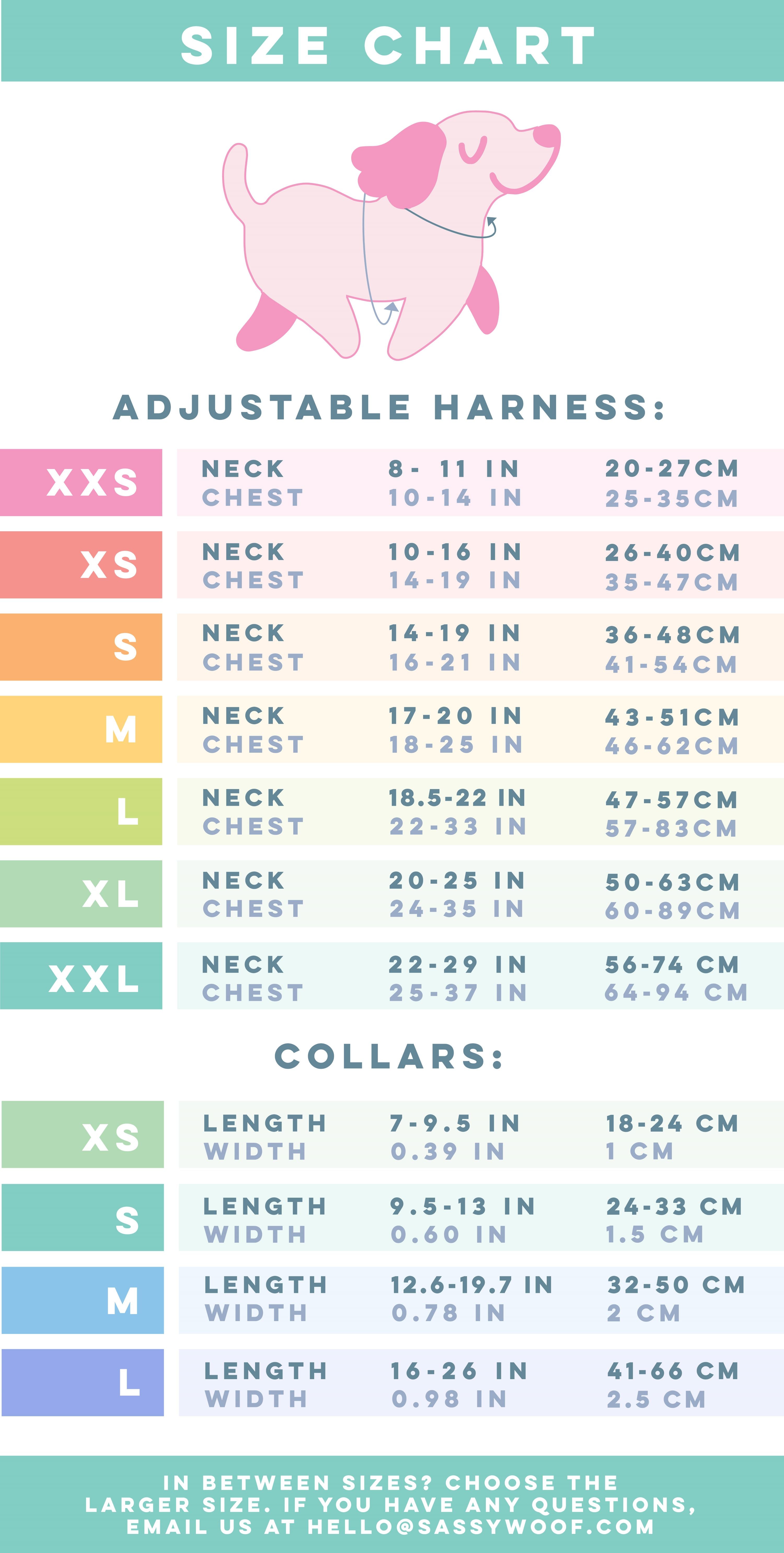 Set of four pet collars and harnesses for dogs in various sizes from Sassy Woof's My Melody™ collection, displayed in different colors.